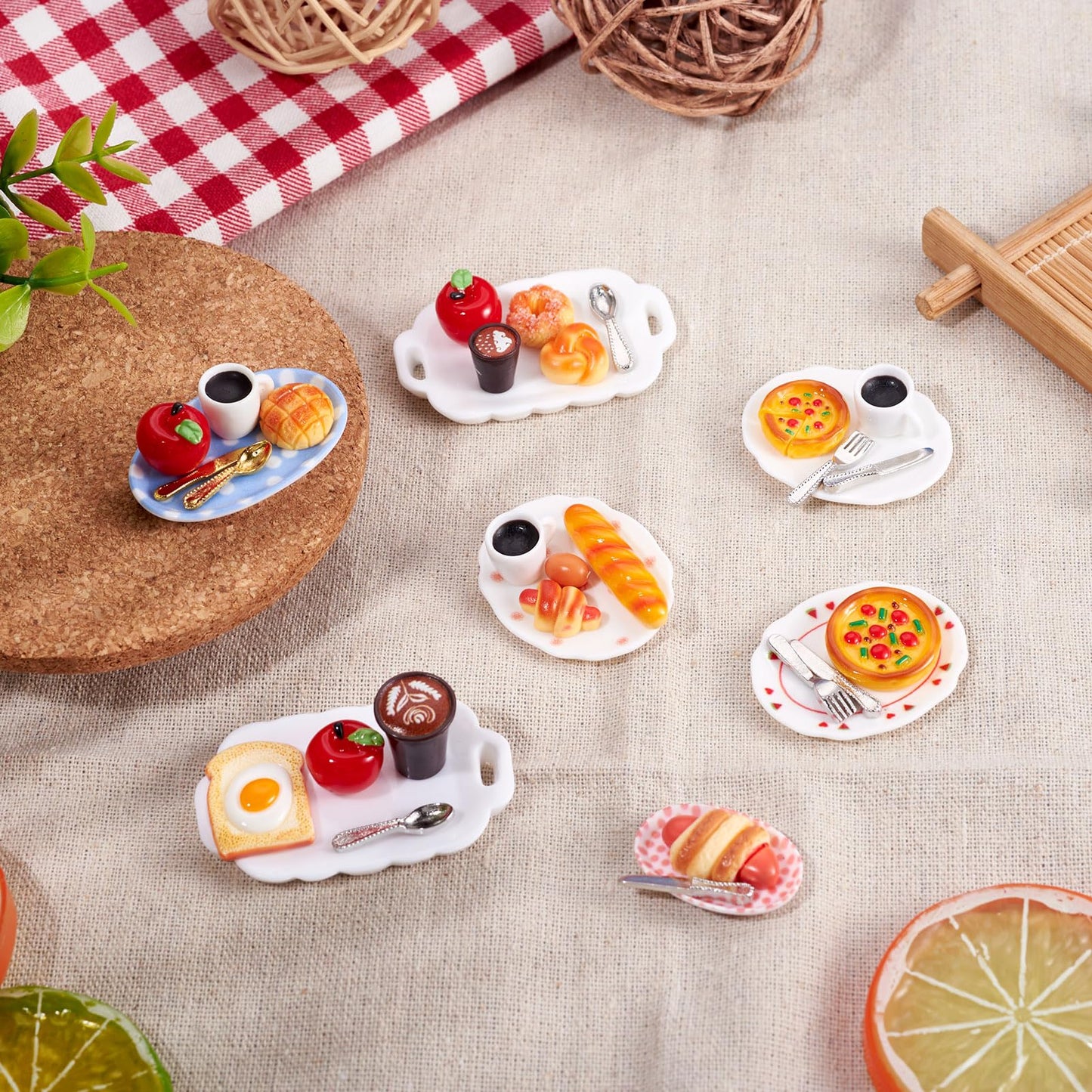 Magibeads 7 Sets Miniature Breakfast Decorations Kits Plates Food Drink Coffee Cup Bread Resin Mini Ornaments Micro Landscape Dollhouse Accessories Pretending Prop Decorations House Kitchen Home Decor