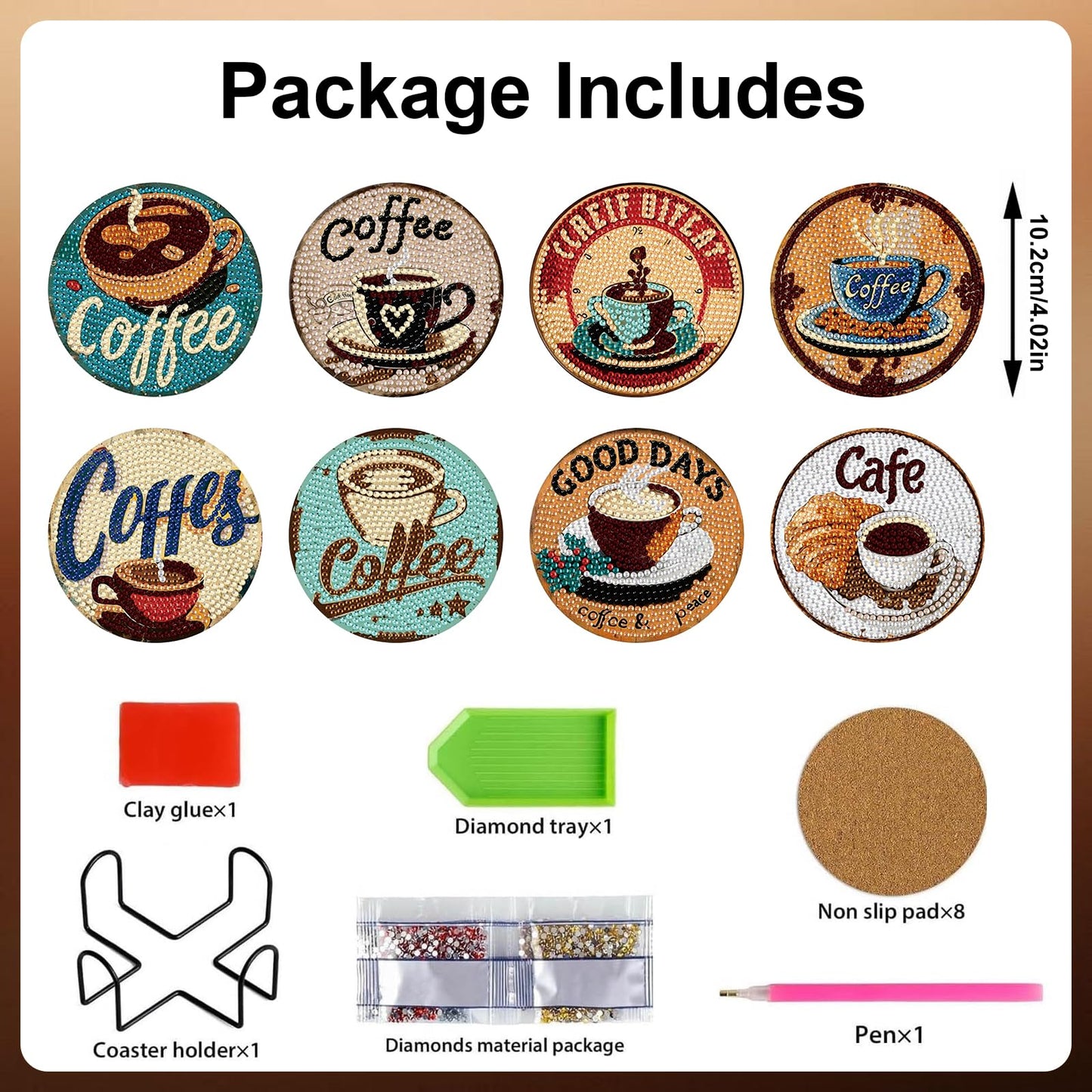 8 Pcs Coffee Diamond Art Coasters Kits with Holder, DIY Diamond Painting Coasters for Adults and Beginners, Small Diamond Art Kit Craft Supplies with Non-Slip Cork Base for Home Decor Gift 4.02inch