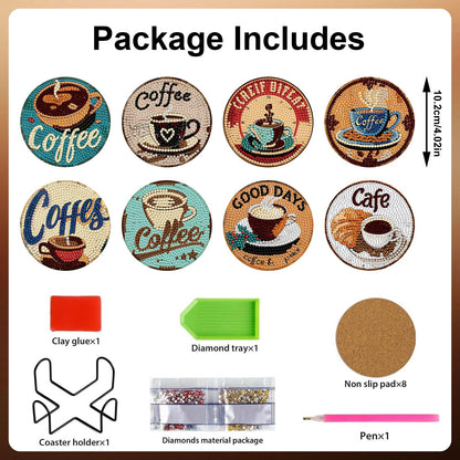 8 Pcs Coffee Diamond Art Coasters Kits with Holder, DIY Diamond Painting Coasters for Adults and Beginners, Small Diamond Art Kit Craft Supplies with Non-Slip Cork Base for Home Decor Gift 4.02inch