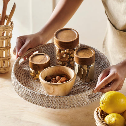 12 Counter JUNGLE CULTURE Handmade Round Wicker Tray Whitewashed Decorative Rattan Serving Basket for Coffee Table