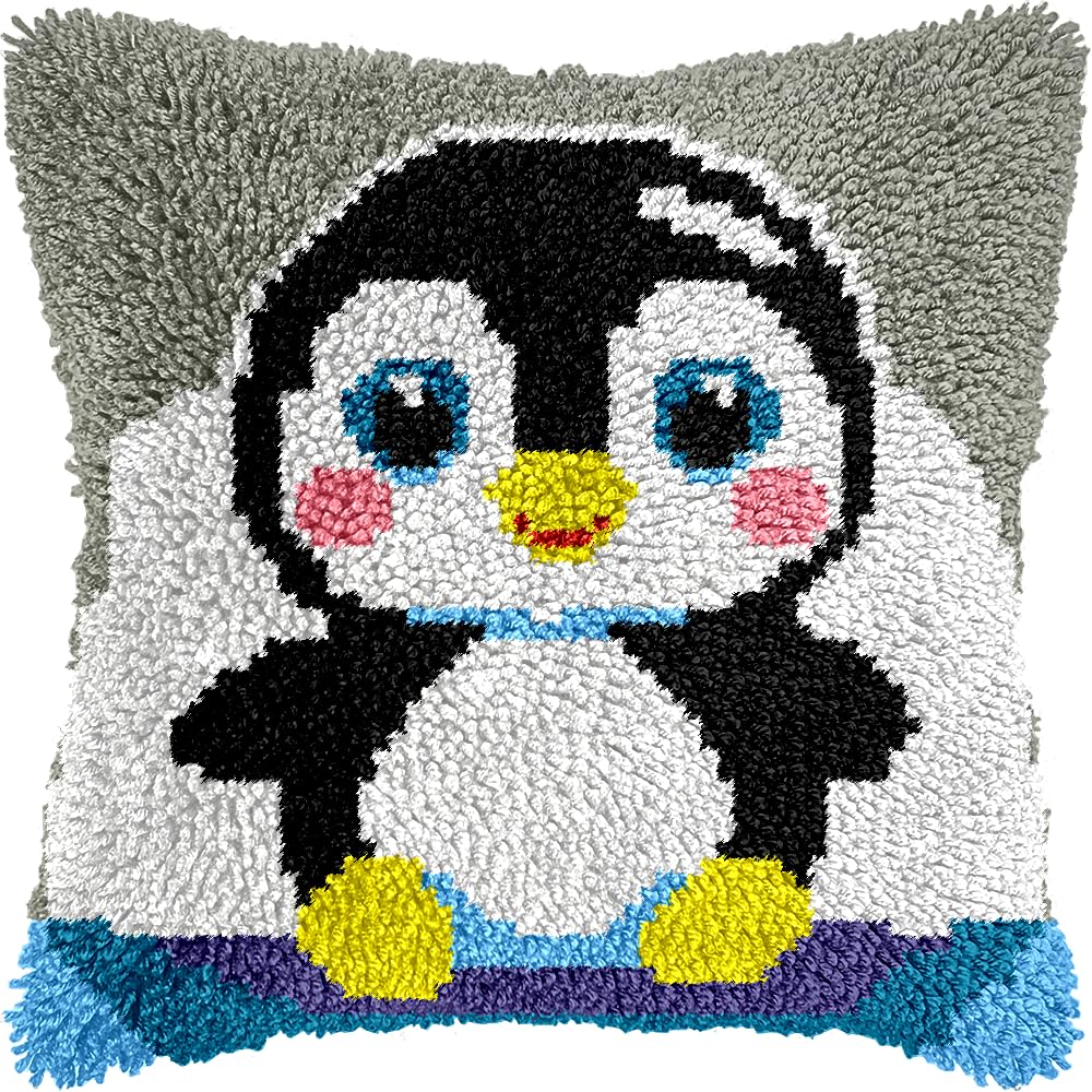 Cute Penguin Latch Hook Kits for Adults Kids Beginners Cartoon Animals Latch Hook Pillow Kit Pre-Printed Latch Hook Rug Kits Cross-stitch Cushion for Home Sofa Decoration 17x17 in. Craft Gift