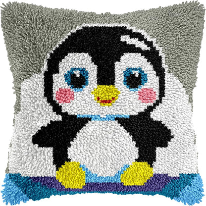 Cute Penguin Latch Hook Kits for Adults Kids Beginners Cartoon Animals Latch Hook Pillow Kit Pre-Printed Latch Hook Rug Kits Cross-stitch Cushion for Home Sofa Decoration 17x17 in. Craft Gift