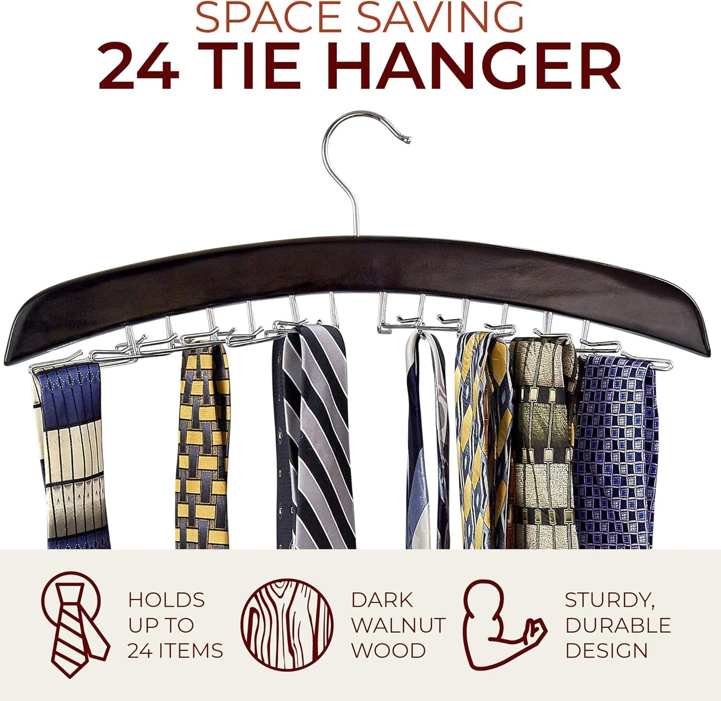 Richards Wooden Tie Rack, Hanging Organizer for Men's Closet Accessories, Holds 24 Ties, Walnut Wood