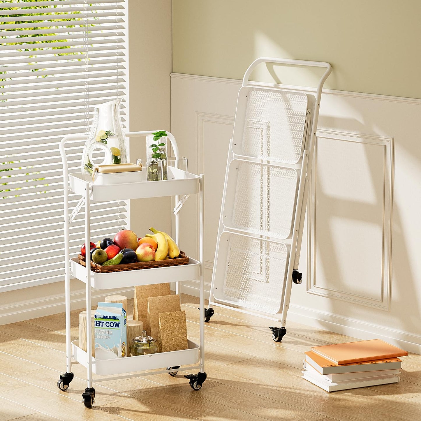 JAQ Foldable Rolling Cart, 3-Tier No Assembly Metal Utility Cart with Handle, Heavy Duty Folding Storage Trolley Organizer on Wheels for Kitchen, Office, Craft Art, Baby Diaper, Snacks, Books, White