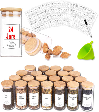 24 400 Set 4 OZ Churboro Glass Spice Jars with Bamboo Airtight Lids, Spice Labels, Funnel and Chalk Marker Spice