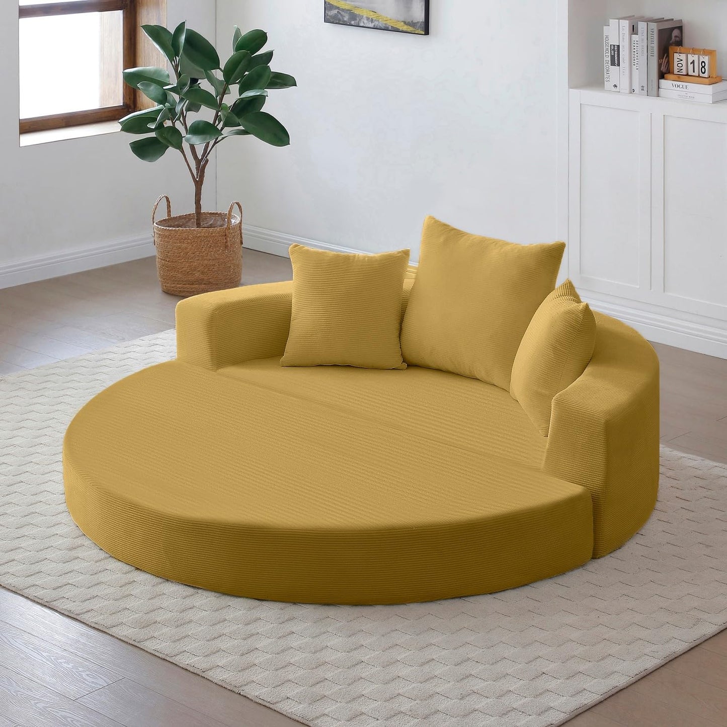 UOCFYK Folding Sofa Bed, Corduroy Circular Boneless Couch, No Assembly Convertible Sleeper Sofa with 3 Pillow, Comfy Futon Sofa Bed for Apartment, Office, Bedroom, Living Room, Yellow
