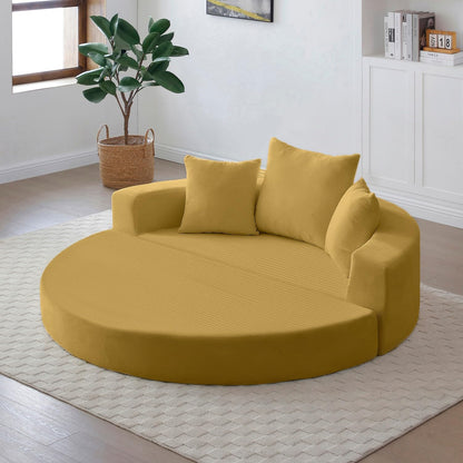 UOCFYK Folding Sofa Bed, Corduroy Circular Boneless Couch, No Assembly Convertible Sleeper Sofa with 3 Pillow, Comfy Futon Sofa Bed for Apartment, Office, Bedroom, Living Room, Yellow