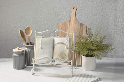 Tripar Swirl Design White Metal Cookbook Stand for iPads, Tablets, and Cookbooks - Adjustable and Portable