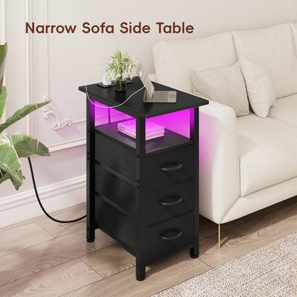 Vagusicc Black Nightstand with Charging Station and LED Lights, Narrow End Table, LED Nightstand with 3 Fabric Drawers for Bedroom, Small Night Stand, Narrow Side Table for Small Spaces, Black