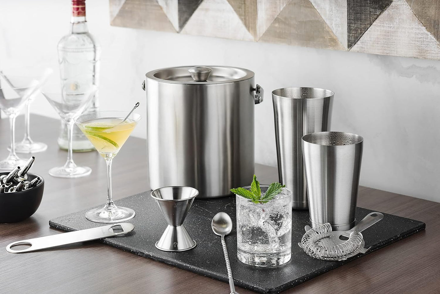 FineDine Double-Wall Stainless Steel Insulated Ice Bucket - 3 Liter with Lid & Ice Tong for Home Bar