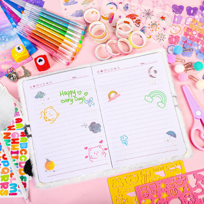 LiYiQ Plush Panda Diary Gift Travel Journal Secret Diary with Scrapbook Paper Stickers Journal Stencils Pompom Pen and Washi Tape Practical Set Gift for Birthday Christmas