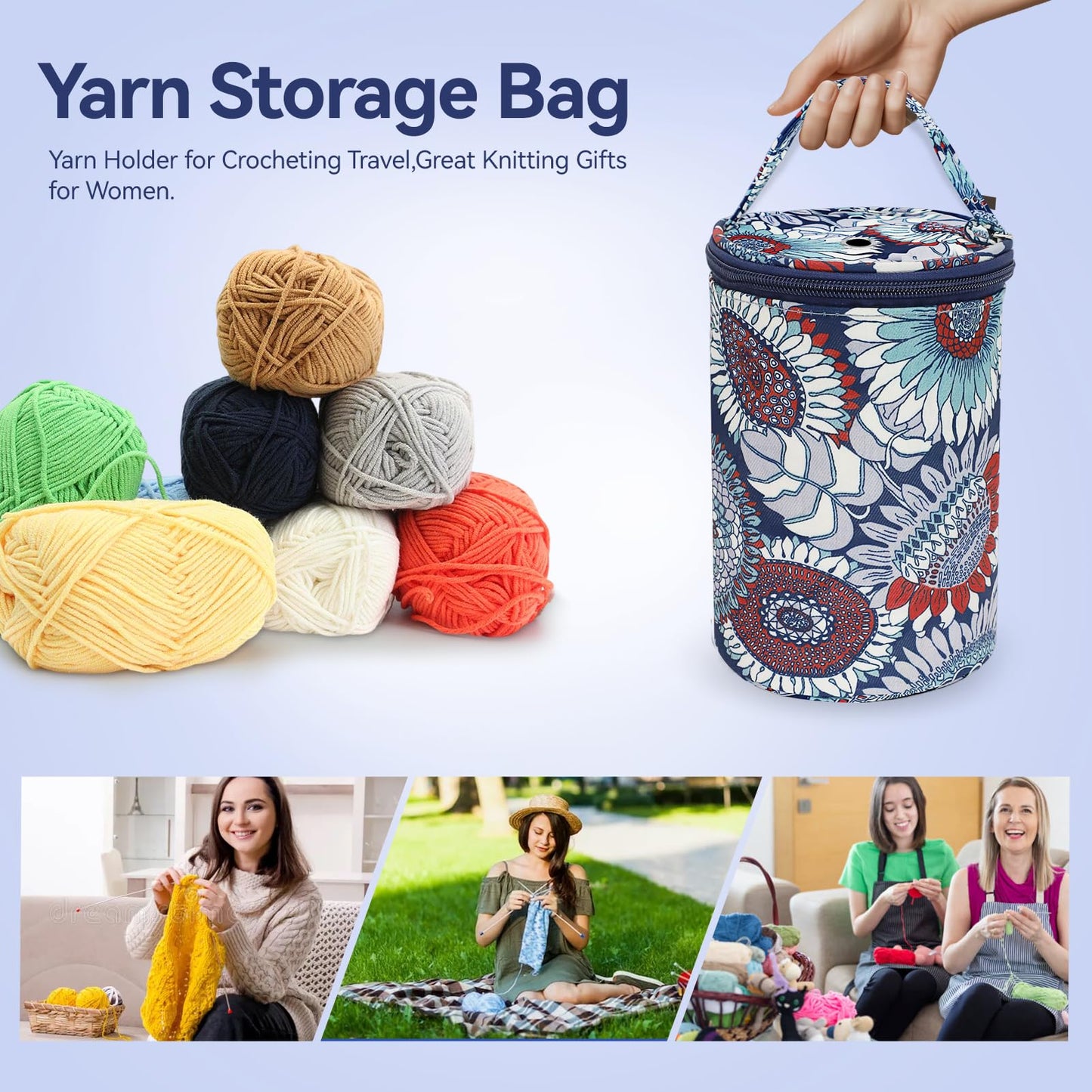 Small Portable Yarn Holder with Anti-Tangle Design, 2-3 Standard Size Balls,Yarn Storage Bag for Crocheting On The Go, Ideal Crocheting Gifts for Women and Crocheter (Blue)