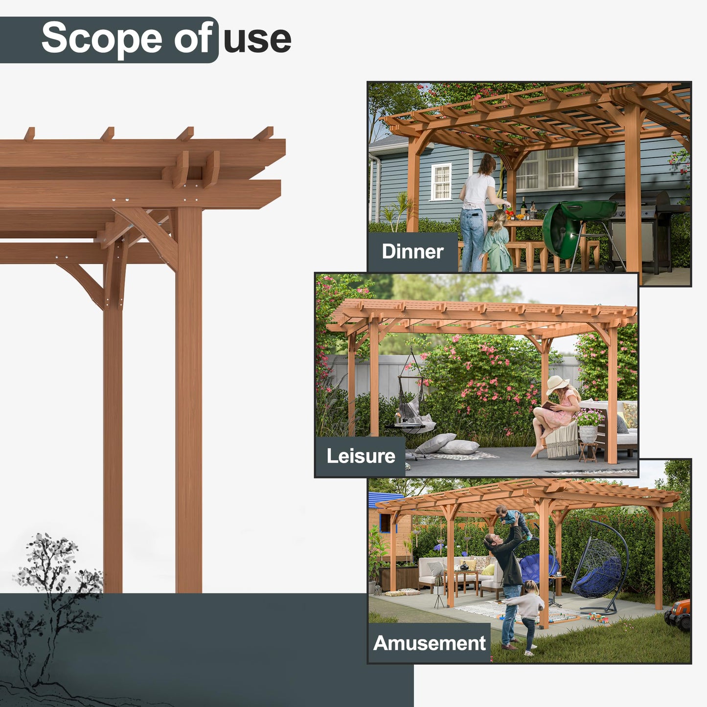 Echo Voyage 12' x 14' Outdoor Wood Pergola, Wooden Patio Pergola Gazebo for Climbing Plant Support, Garden,Brown