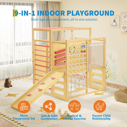 Garvee 9-in-1 Indoor Jungle Gym, Montessori Wooden Indoor Playground for Kids 2-8, Wooden Climbing Structure with Slide, Monkey Bars, Rope Ladder, Rock Wall, Climbing Net, Rings - Natural Wood Pink
