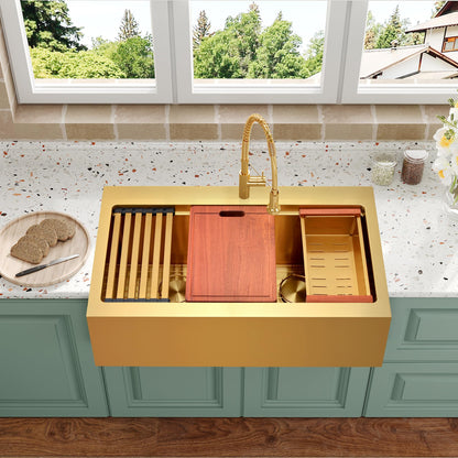 Gold Double Bowls Kitchen Sink, 33" x 22" Drop In Kitchen Sink, 50/50 Double Bowls Farm Sink, 16 Gauge Stainless Steel Workstation Sink, 33 inch Top Mount Deep Double Sinks