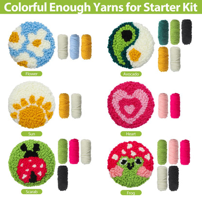 Longan Craft Punch Needle Coasters Kit 6 Pattern Embroidery Punch Needle Kits Adults Beginner Coasters Tufted Car DIY Rug Drink with Adhesive Felt Yarns Hoop Tools Starter Crafts
