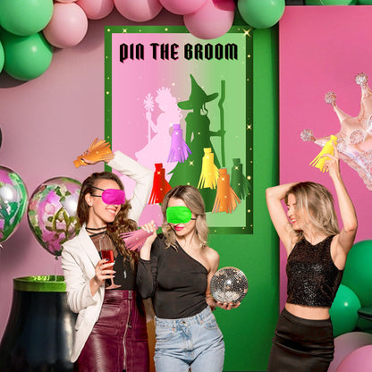 AFZMON Witch Party Decorations Pin The Broom Birthday Party Games Decorations, Pink and Green Poster with 24 Reusable Broom Stickers for Witch Party Wall Decorations Supplies- 19.5Inch x27.5Inch