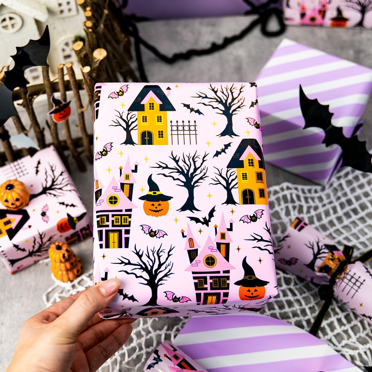 MAYPLUSS Halloween Wrapping Paper Roll, Vintage Haunted Mansion Wrapping Paper, Pink Haunted House, Pumpkin & Bat Design Halloween Day Gift Wrap for October,Holiday,Christmas Nightmare (17In X 33Ft)