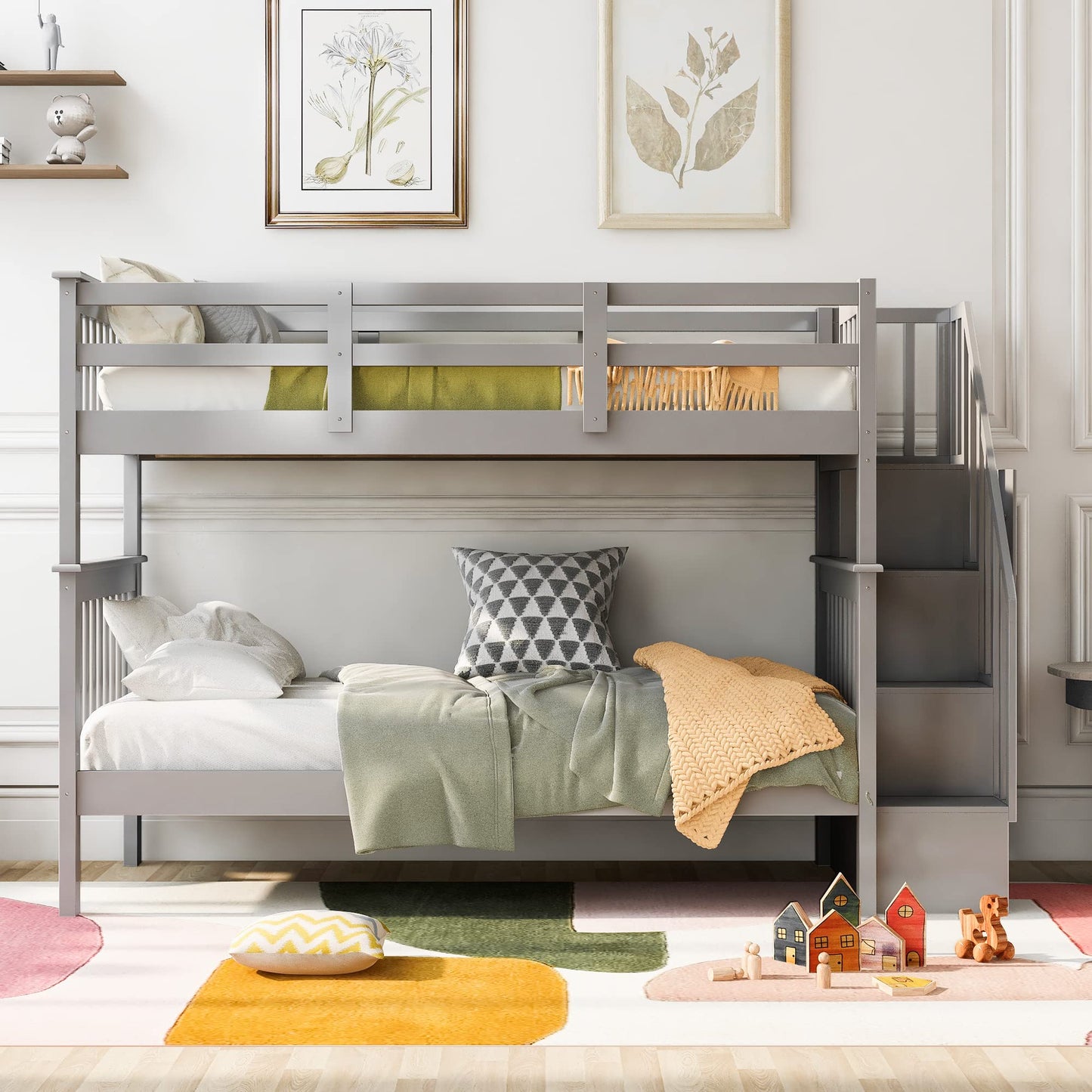 Ball & Cast Twin-Over-Twin Bunk Bed with Storage Ladder and Full-Length Guard Rail,Wood Bunkbed w/Slat Support,Space Saving,Bedframe Furniture for Student Dorms,Studio,Gray