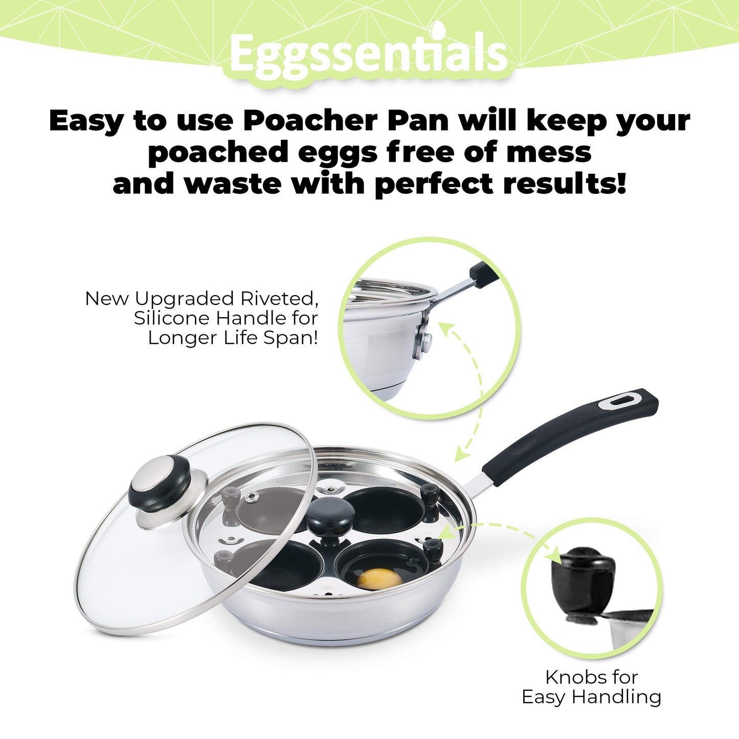 Egg Poacher - Eggssentials Poached Egg Maker, Stainless Steel Egg Poaching Pan, Poached Eggs Cooker Food Grade Safe PFOA Free with Spatula.