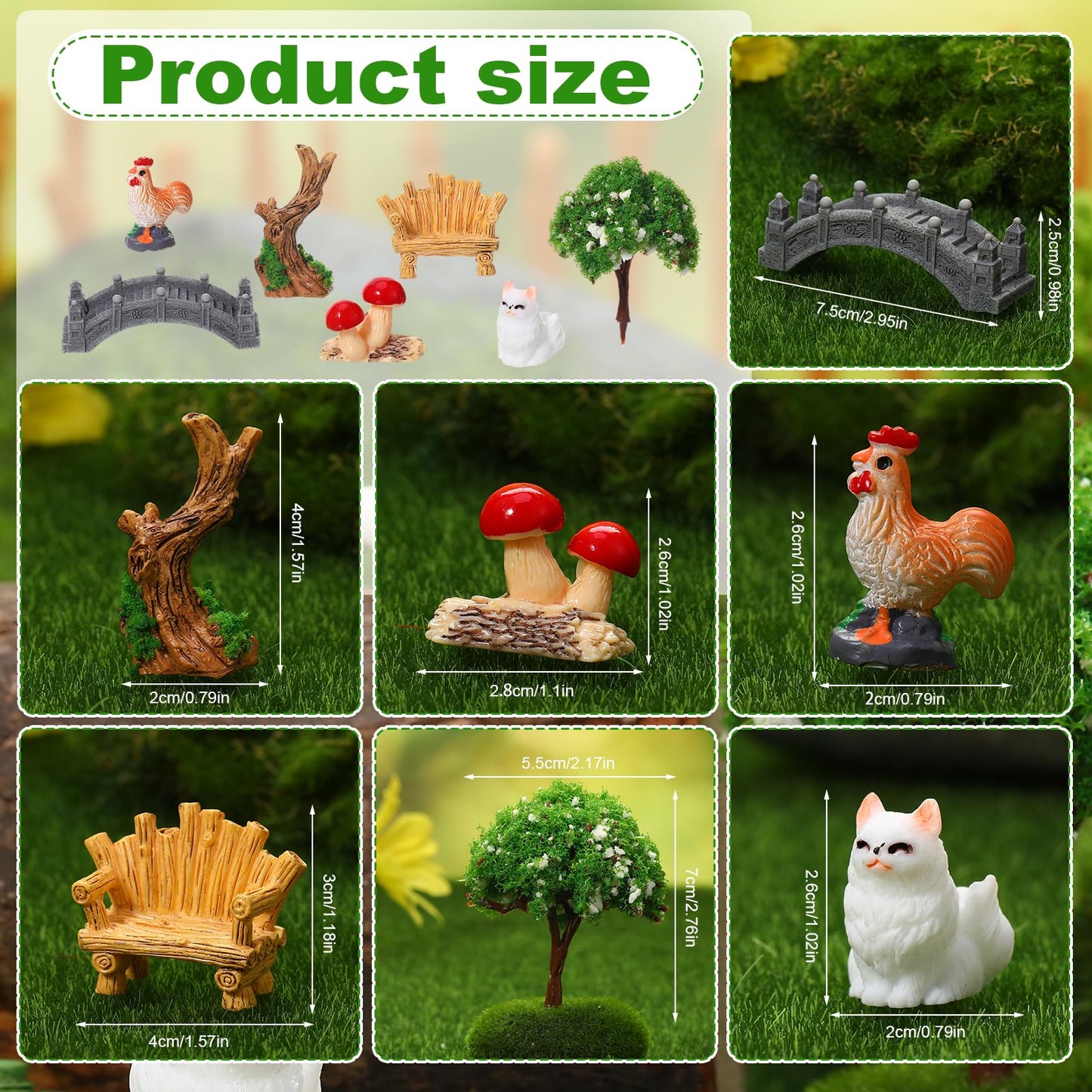 GGSTDDUP 65 Pcs Fairy Garden Accessories Mini Resin Animals Figures Miniature Table and Chairs Bridge Mushroom Pond Fence Moss Bonsai Landscape Ornaments Kit for Garden DIY Craft