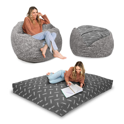 CordaRoy's Faux Fur Bean Bag Chair, Convertible Chair Folds from Bean Bag to Lounger, As Seen on Shark Tank, Grey - King Size