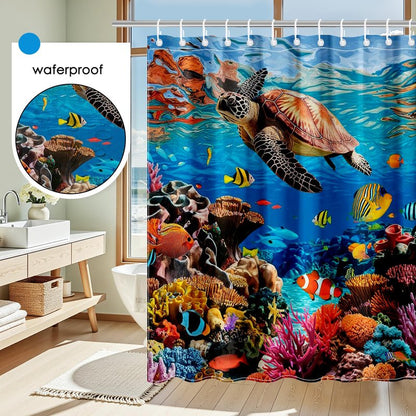 Mocsicka Ocean Shower Curtain Sea Turtle Underwater World Bathroom Decor for Kids Under The Sea Shower Curtain for Bathroom Fishes Coral Waterproof Bath Curtain with Hooks (71x71 Inch, Ocean)