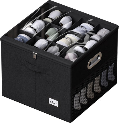 FHSQX Shoe Organizer for Closet, Fits 12 Pairs, Clear Cover Shoe Storage Bins with Adjustable Dividers