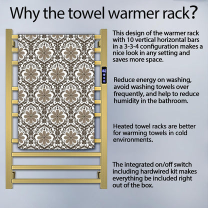 XBVV Towel Warmer Rack for Bathroom with Timer/Fahrenheit Temperature Control Wall Mounted Electric Heated 10 Bar Rail Plug-in or Hardwired Keep Bath Shower Towel Warming (Brushed Gold)