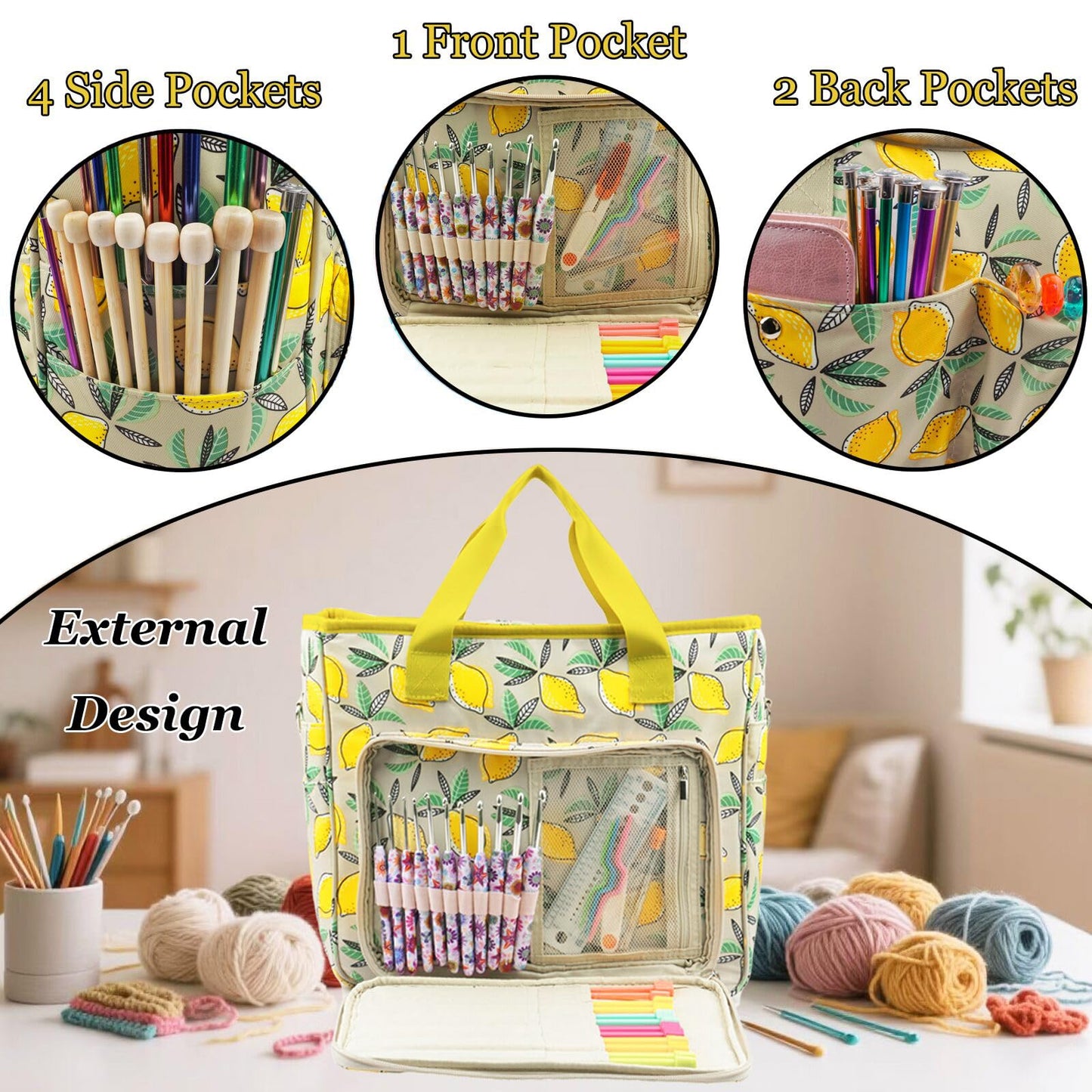 Mdoker Knitting Bags and Totes Organizers Large Crochet Bag Lightweight Yarn Bags for Travel Yarn Storage Organizers for Crochet Hooks,Yarn,Knitting & Crochet Supplies (Yellow Lemon)