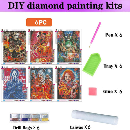 Sretoul 6 Pack Halloween Diamond Art Kits for Adults, Diamond Painting Kit Beginners Halloween, Horror 5D Gem Art for Adults with Round Gem Painting Gift Home Wall Decor 12x16 Inch
