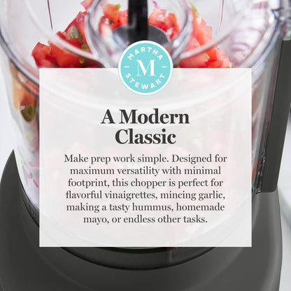 Martha Stewart 3 Cup Food Processor, Electric Vegetable Chopper, Stainless Steel Blades, 24oz BPA-Free Bowl, Pour Spout, Dicing, Mincing, Chop & Puree, Dishwasher Safe, Oil Chute, Easy-Clean, Caviar