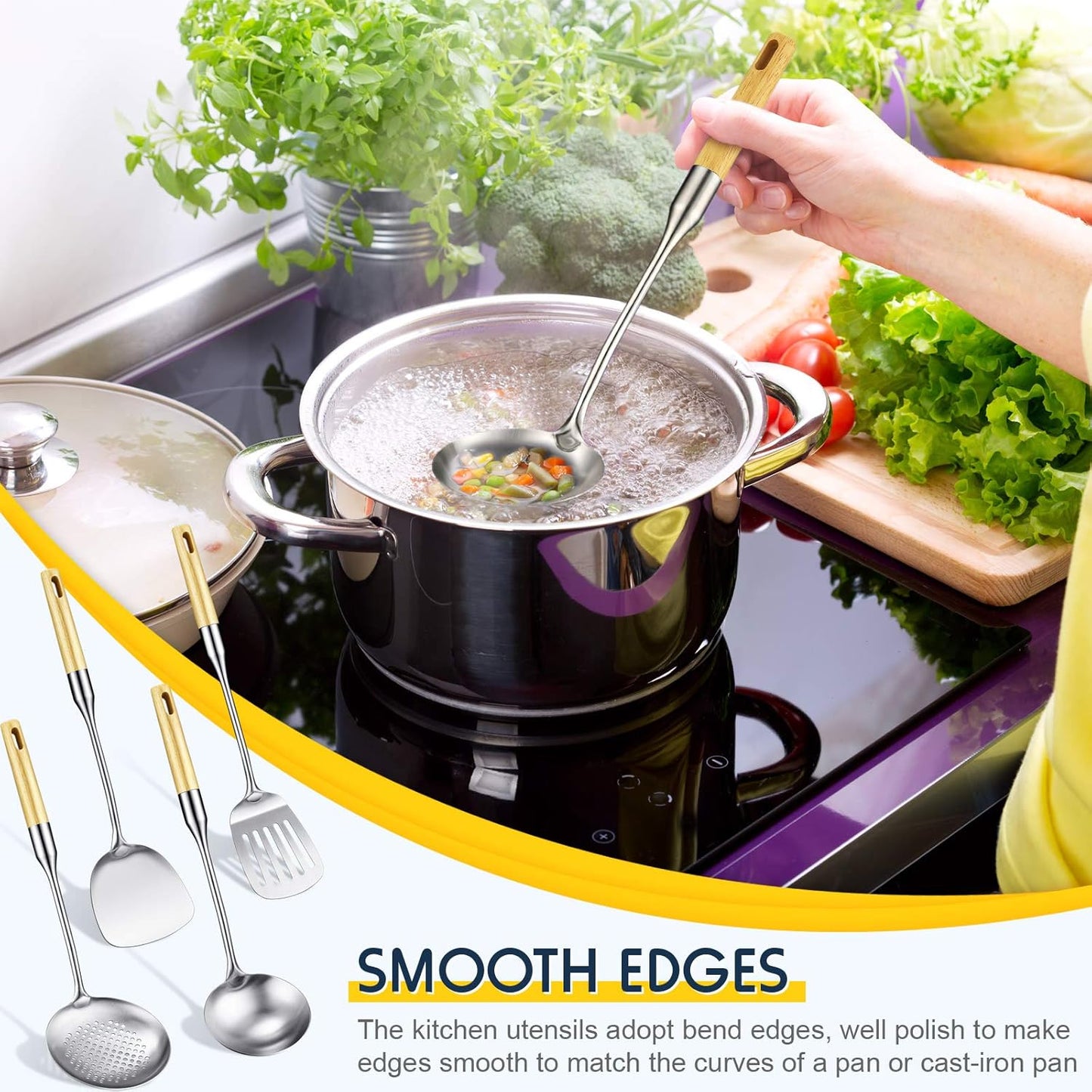 Stainless Steel Kitchen Cooking Utensils Set, Specialty Chinese Wok Utensils with Skimmer, Slotted Spoon, Spatula Turner