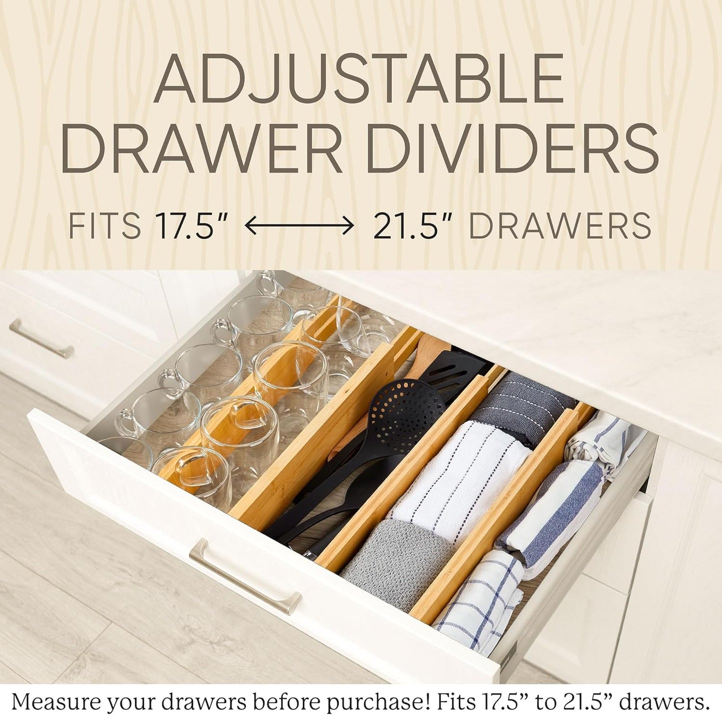 Expandable Bamboo Drawer Dividers, Wooden Separators for Clothes, Kitchen Utensils, Bathroom, Dresser - [17.5" - 21.5"]