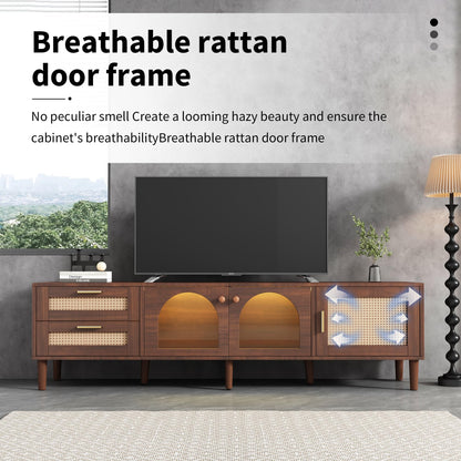 Merax LED TV Stand for TVs up to 80", Boho Entertainment Center with Rattan Decor, Multi-Functional Media Console & 3 Storage Cabinets and 2 Drawers for Living Room, Bedroom, Home Theatre, Dark Brown