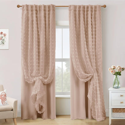 2 84 Inches Neutral Peach Blush Pink Curtains for Baby Nursery Girl,Blackout Tufted Floral Embroidered Sheer Boho Nude