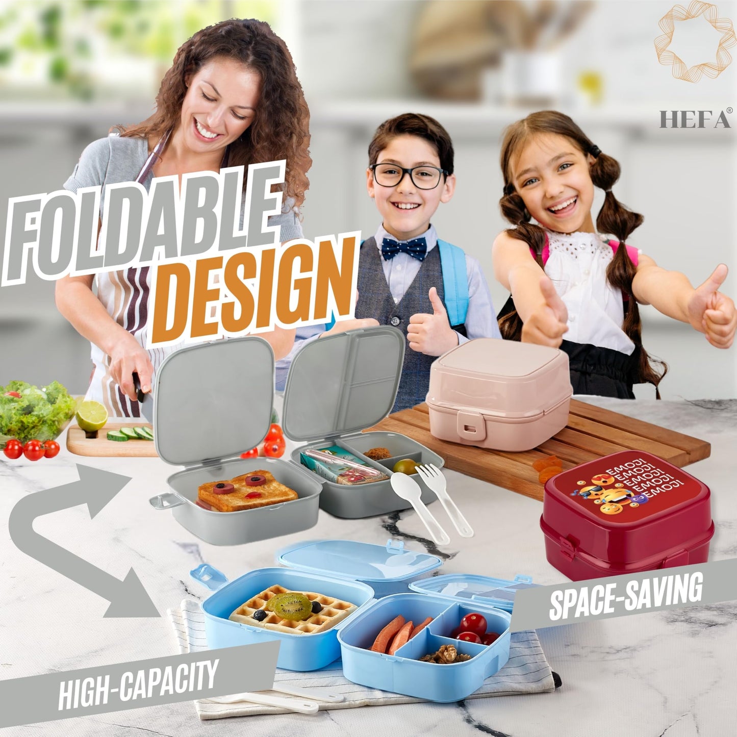 HEFA Lunch Box for Kids, All-in-One Foldable Lunch Box, Bento Box for Girls, Spoon and Fork included, Sandwich Containers
