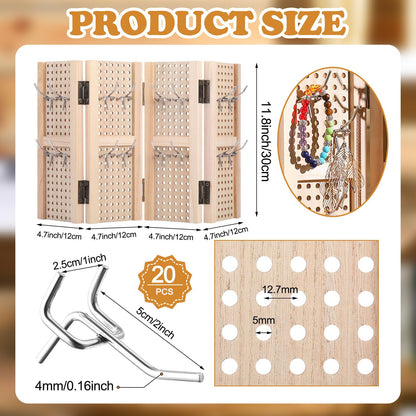 GlikCeil Pegboard Display Stand with 20 Peg Hooks for Retail Craft Shows 4 Panel Wooden Pegboard Display Stand Earring Jewelry Keychain Display Racks Vendors Events Selling Store Supplies