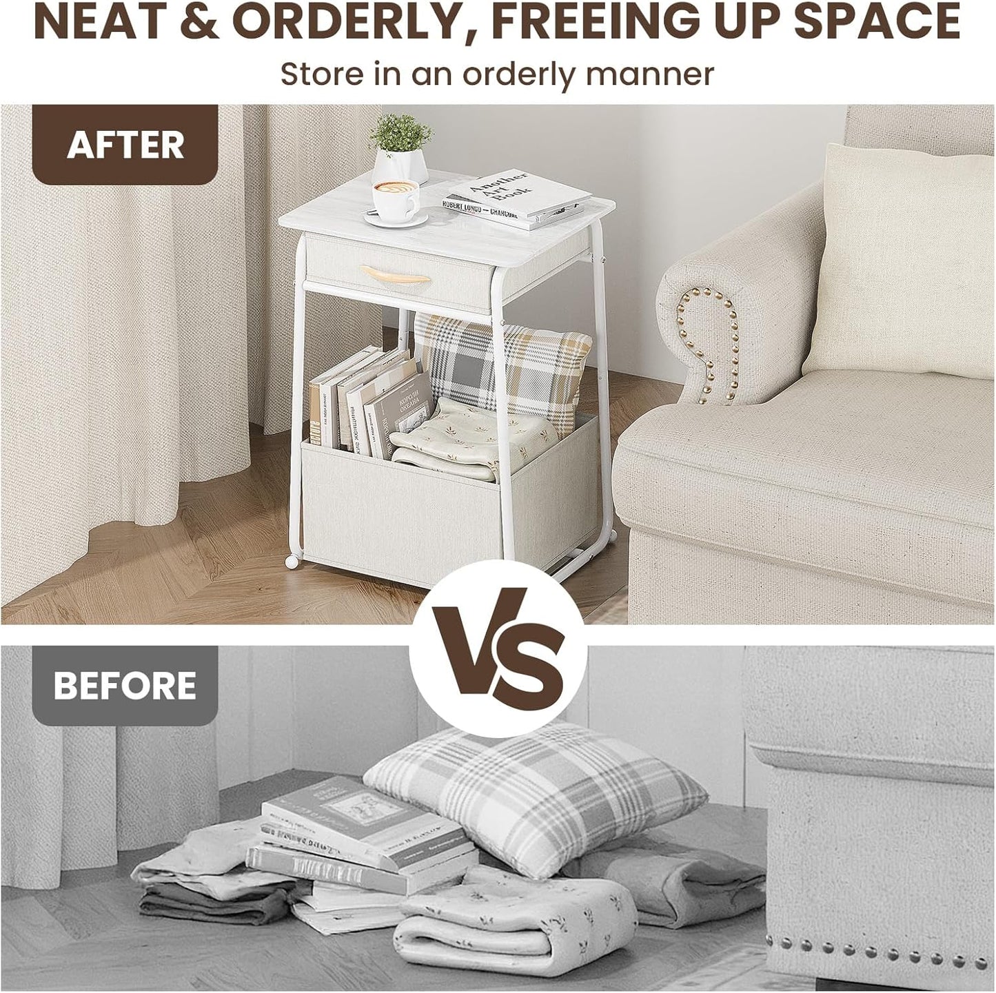 3-Tier Olldide Bedside Table with Storage, Modern Square Nightstand with Fabric Storage Basket & Drawers