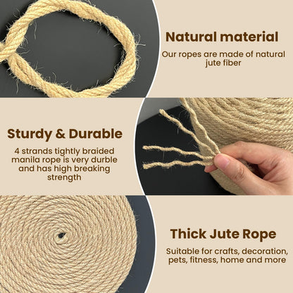 Natural Jute Twine 5mm x 656ft, 4Ply Twisted Heavy Duty Rope Roll for Gardening, Crafting, Bundling, Cat Scratching Post, Home Decor, Christmas Decorations