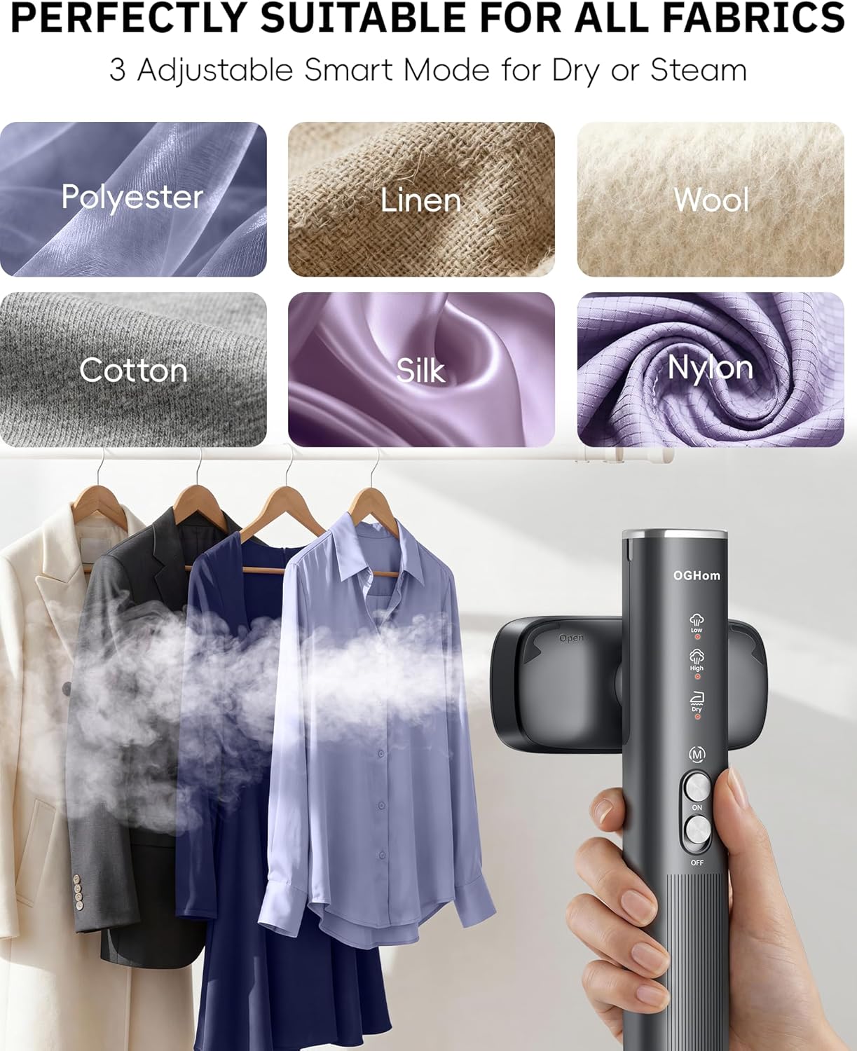OGHom Portable Handheld Clothes Steamer - 1000W 2-in-1 Travel Iron with Fast Heat-Up, Black