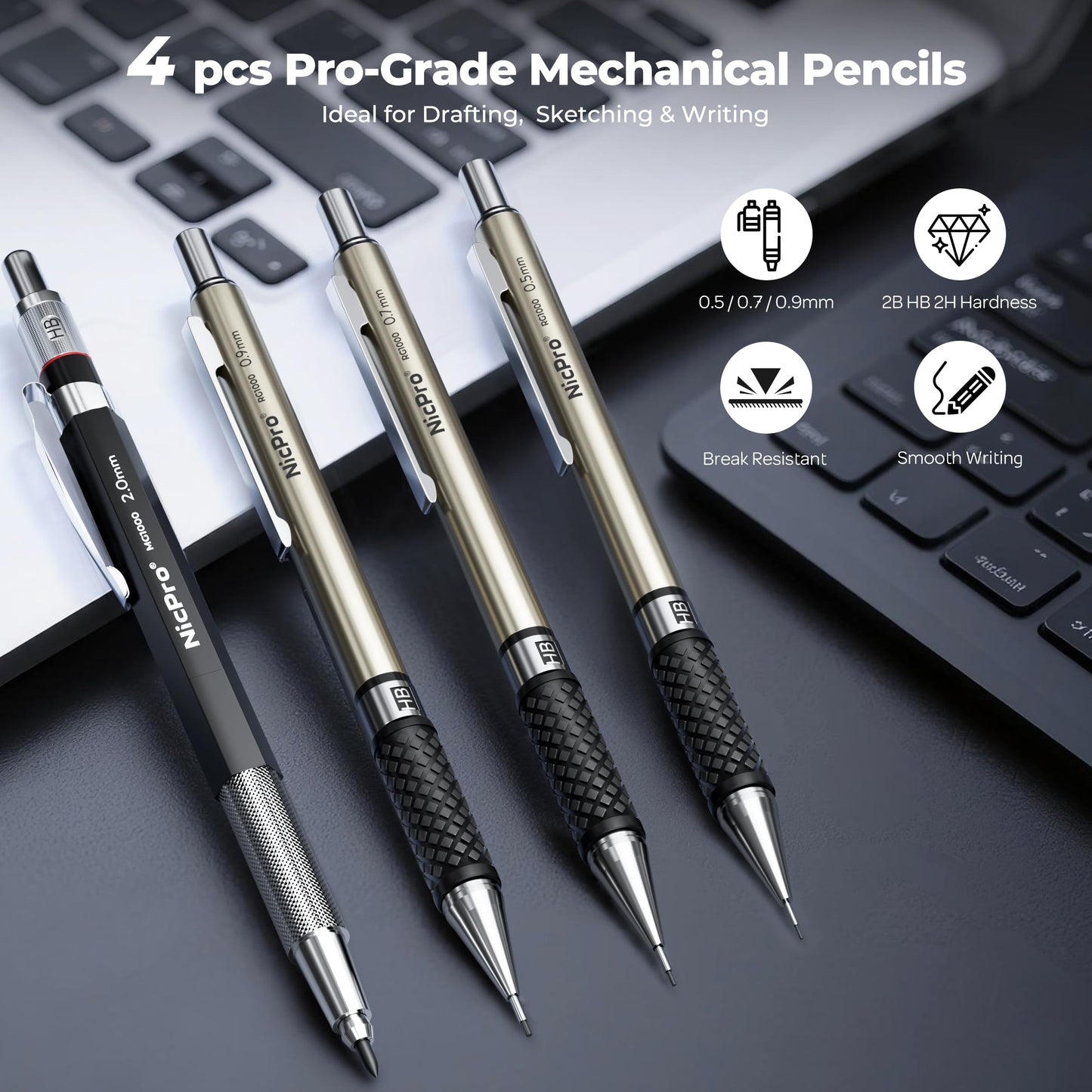 Nicpro 16PCS Drafting Tools with 12‘’ Aluminum Architectural Scale Ruler, Mechanical Pencils 0.5, 0.7, 0.9 & 2mm, Lead Refills, 2 Pack Graph Paper, Geometry Drawing Kit for Engineers Students Design