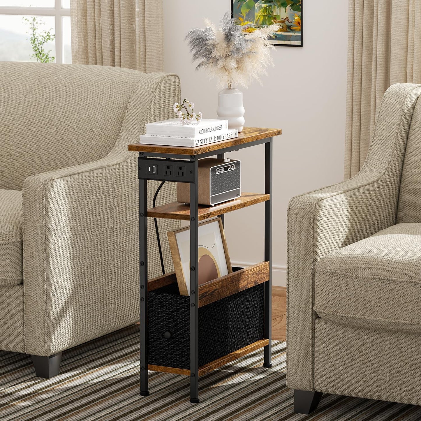 1 Creso hom Narrow Side Table with Charging Station and LED Light, End Table with Fabric Drawer, Skinny Nightstand