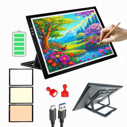 A3 Wireless Rechargeable Tracing Light Pad, 3-Colors & 8-Level Adjustable Brightness, 2500mAh Battery Powered Ultra-Thin Light Board with Foldable Stand for Diamond Art Painting