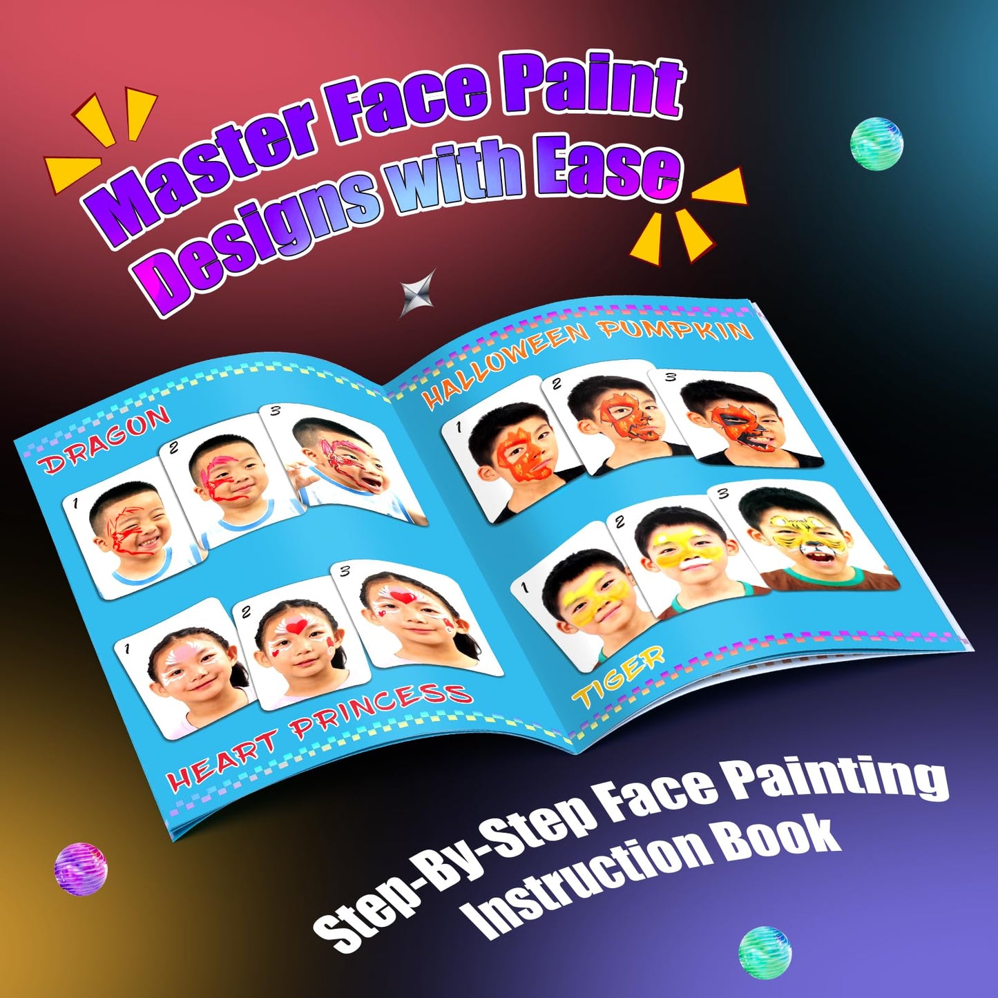 Fenmay Face Painting Kit for Kids, Non-Toxic and Hypoallergenic Face Paint Makeup Kit| with Stencils, Book, Easy to Use and Safe for Kids, Fun for Halloween, Birthday Party, School Event