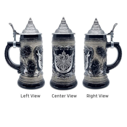 OktoberfestHaus German Adler (Eagle) Stein Mug With Lid - 1 Liter Charcoal Black Ceramic Beer Stein With Metal Emblem - Collectible Bier Krug for Men, Beer Lovers Gift