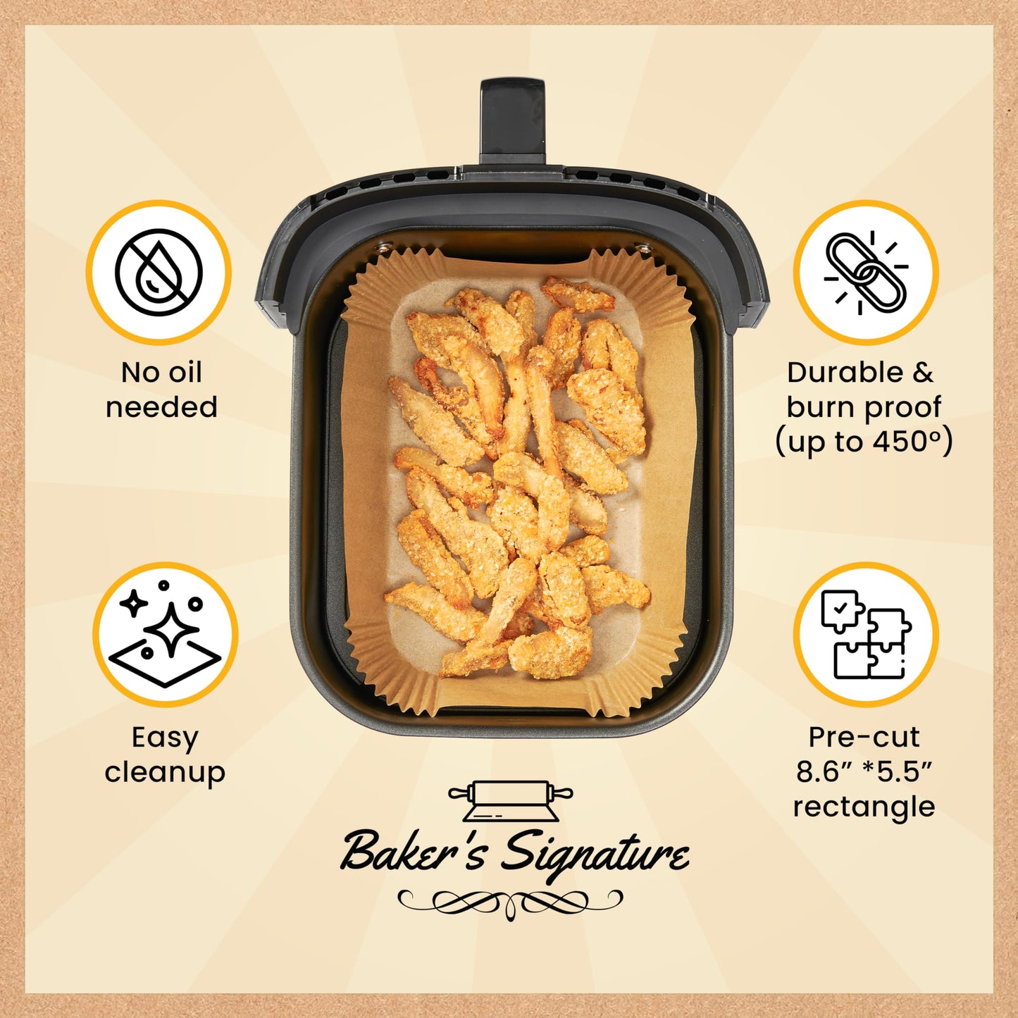 Air Fryer Paper Liners, 125Pcs Air Fryer Disposable Liners, Non-Stick and Oil Proof for Easy Cleanup, 8” Square for 5-8 qt Basket by Baker's Signature