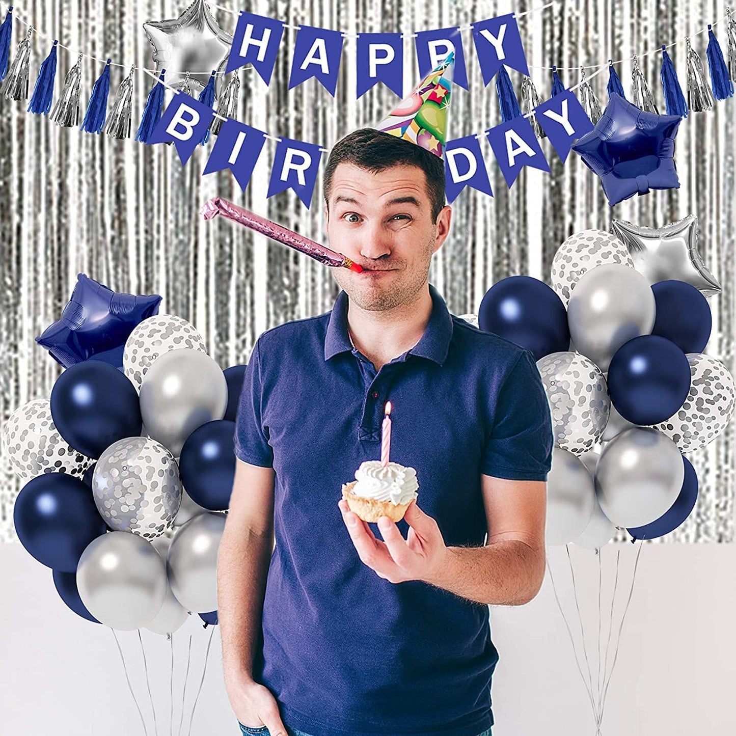Blue Birthday Party Decorations, Happy Birthday Decorations with Banner, Blue Silver Confetti Balloons for Men