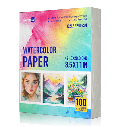 KOVIEDE 100 Sheets Watercolor Paper 8.5x11 Inch 102LB/230GSM Cold Press Practice Paper for Students and Beginners, Acid-Free Heavyweight Art Sheets for Painting, Printing, Scanning & Crafting