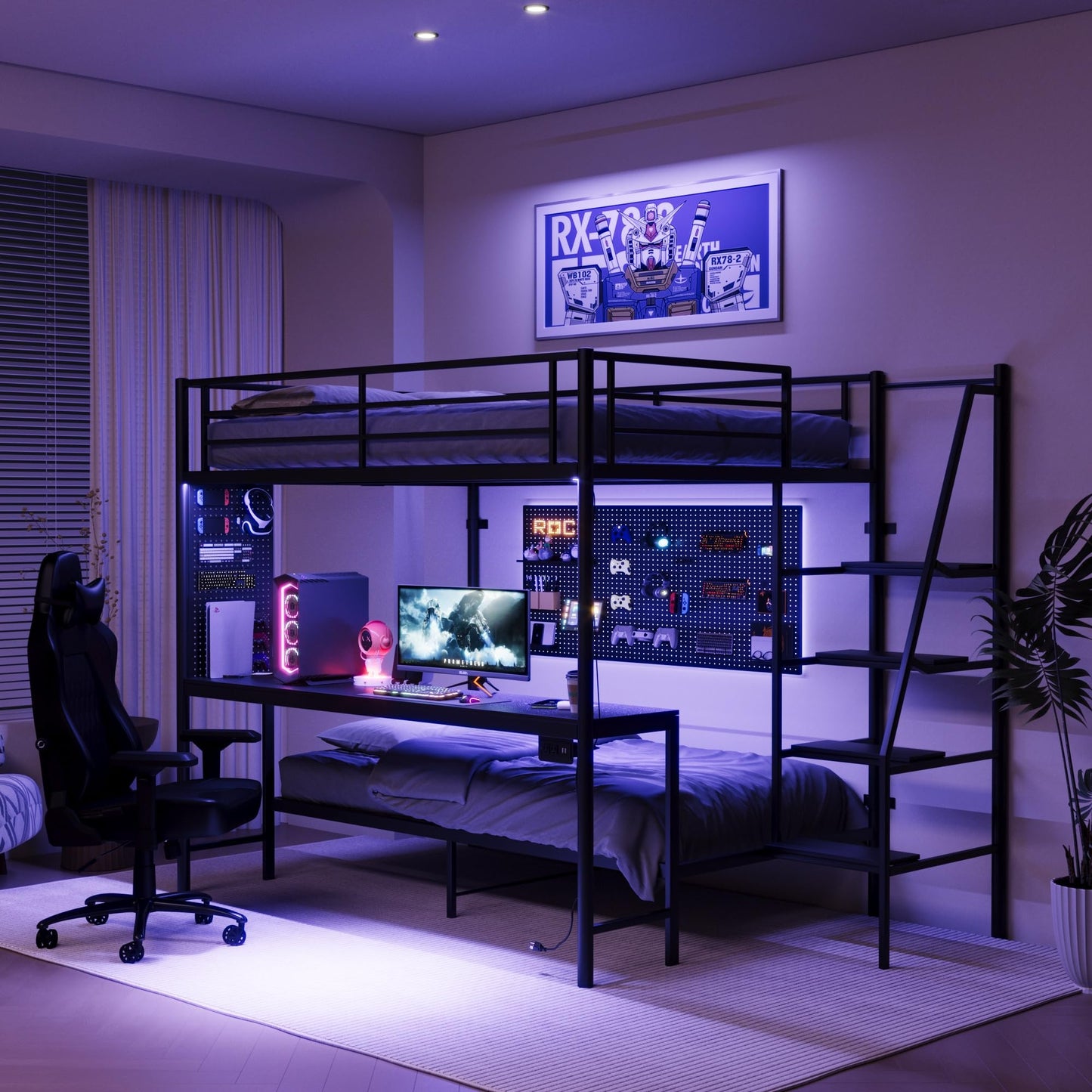 KEIKI Full Over Twin Bunk Bed with Charging Station, Metal Loft Bed with Desk & Safety Guard & Stairs, Metal Bed Frame for Kids, Teens, Adults, Black